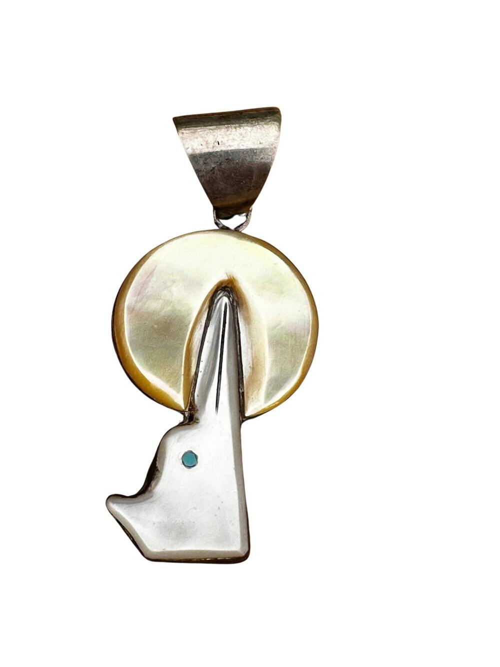 Sterling Silver Mother of Pearl Wolf Howling at Moon Pendant